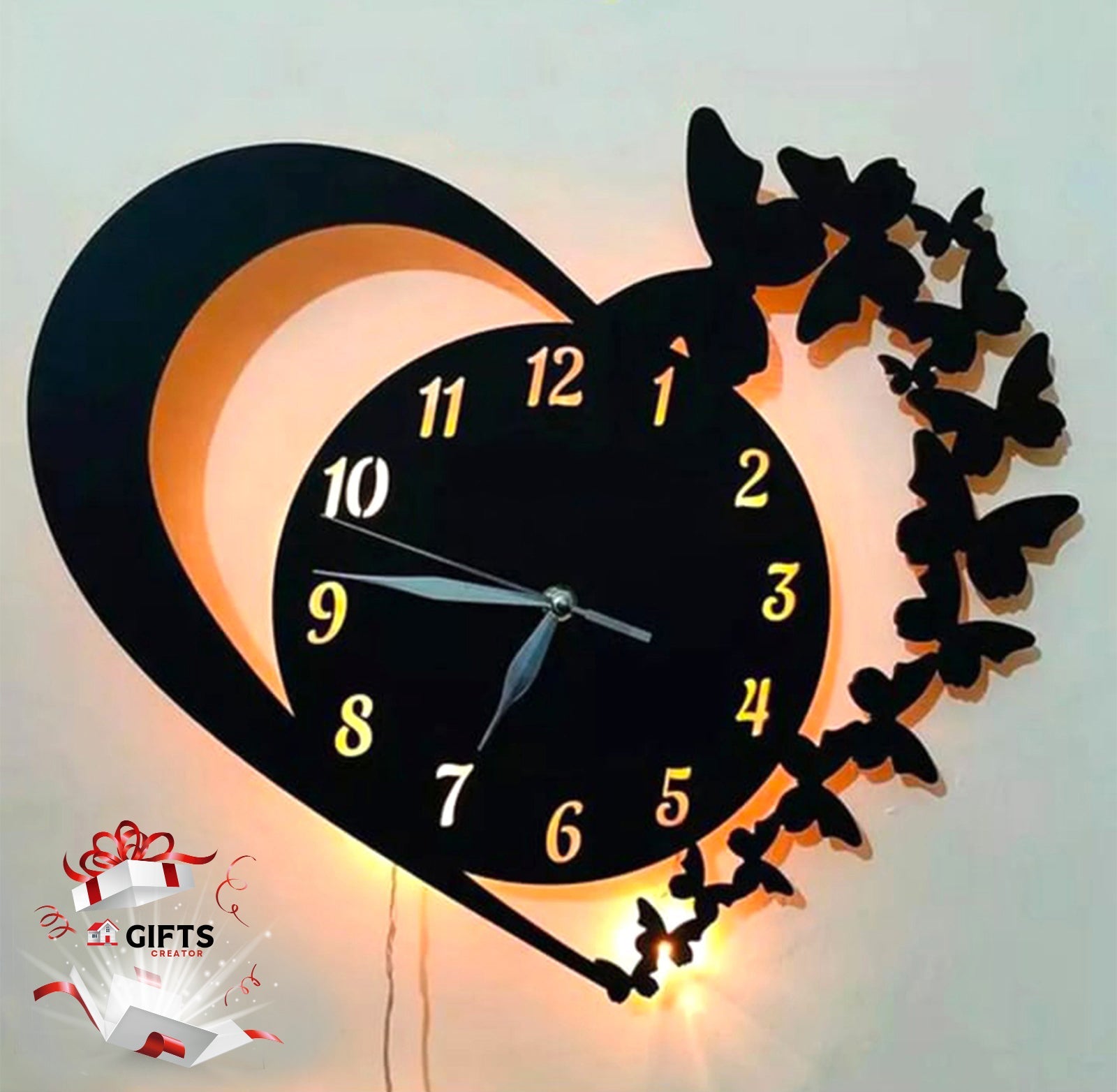 Heart Wooden Clock Butterfly Style