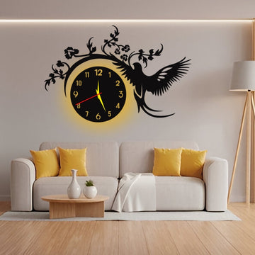 WallTrove Bird with Flowers 3D Wooden Wall Clock Quartz Watch DIY Design Decoration Piece for Home Decor and Living Room Creative Wooden Clock for Girls Room and for Gift Items|C80